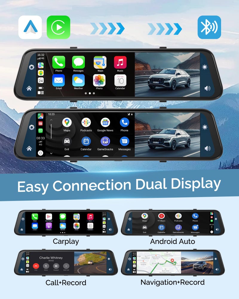 KOUENOM 12'' Rearview Mirror Camera with CarPlay&Andorid Auto,4K Mirror Dash Cam Front and Rear Backup Camera with Reverse Assist/Loop Record/G Sensor/Voice Control&Split Touch Screen,64GB Card Included - Image 3