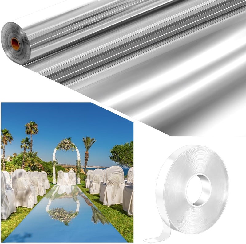 Tinideya 3.3 x 98.4 ft Mirror Rug Aisle Runner for Wedding Ceremony Double Sided Reflective Carpet Aisle Runner Walkway Rug Roll for Outdoor Birthday Graduation Party Decor(Silver) - Image 1