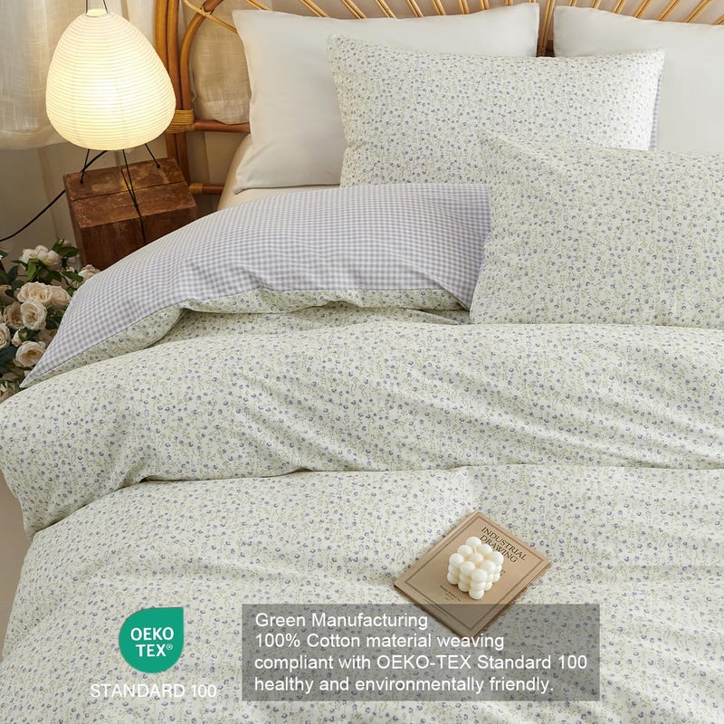 CCoutueChen Blue Gingham Duvet Cover Queen 3Pcs 100% Cotton Blue Floral Bedding Set Farmhouse Flower Plaid Bedding Soft Breathable Cottage Duvet Cover Set with 2 Pillowcases(No Comforter) - Image 4