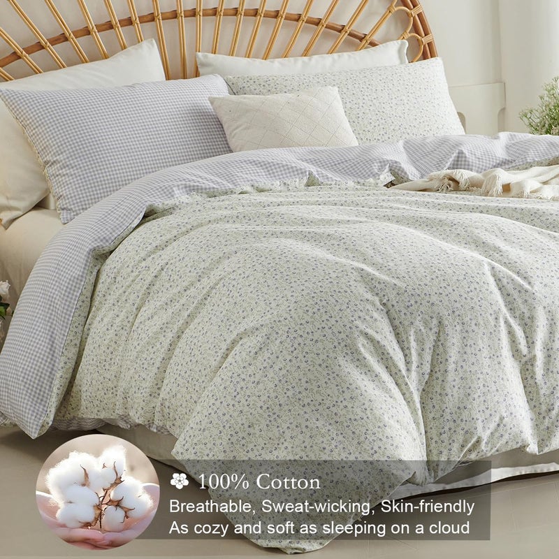 CCoutueChen Blue Gingham Duvet Cover Queen 3Pcs 100% Cotton Blue Floral Bedding Set Farmhouse Flower Plaid Bedding Soft Breathable Cottage Duvet Cover Set with 2 Pillowcases(No Comforter) - Image 3