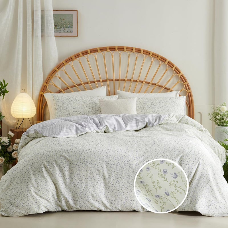 CCoutueChen Blue Gingham Duvet Cover Queen 3Pcs 100% Cotton Blue Floral Bedding Set Farmhouse Flower Plaid Bedding Soft Breathable Cottage Duvet Cover Set with 2 Pillowcases(No Comforter) - Image 2