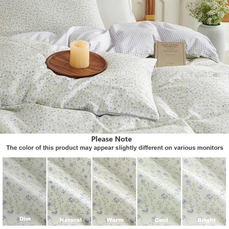 CCoutueChen Blue Gingham Duvet Cover Queen 3Pcs 100% Cotton Blue Floral Bedding Set Farmhouse Flower Plaid Bedding Soft Breathable Cottage Duvet Cover Set with 2 Pillowcases(No Comforter) - Image 5