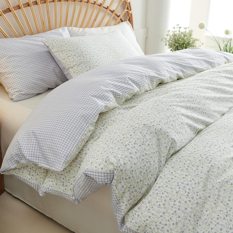 CCoutueChen Blue Gingham Duvet Cover Queen 3Pcs 100% Cotton Blue Floral Bedding Set Farmhouse Flower Plaid Bedding Soft Breathable Cottage Duvet Cover Set with 2 Pillowcases(No Comforter) - Image 1
