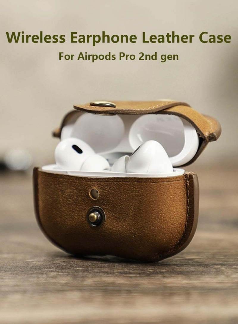 General Case Compatible with AirPods Pro2, Premium Genuine Leather Protective Case Cover Shockproof with Keychain for AirPods Pro 2nd Generation, Supports Wireless Charging Brown  - Image 2