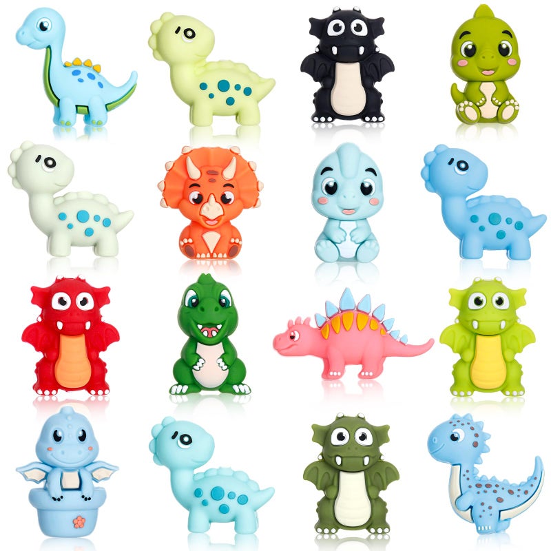 Ferreve 16 Pcs 3D Dinosaur Beads Animal Silicone Focal Beads for Keychain Making Pens Focal Bead Bulk for Beadable Keychain DIY Crafts Necklace Bracelet Phone Chain Charms Jewelry Making - Image 1