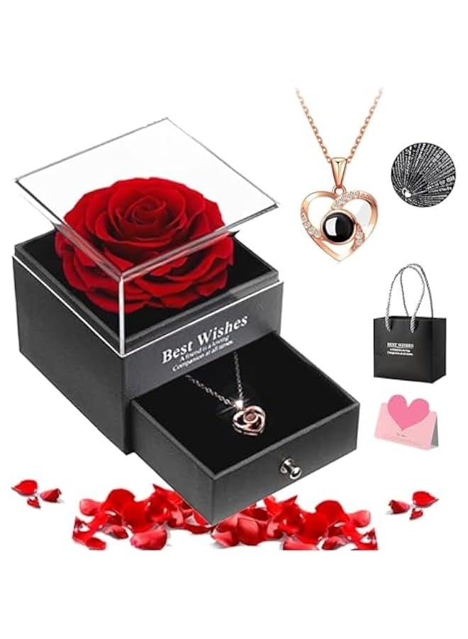 بيوينتي صندوق هدايا أنيق مع وردة حمراء محفوظة قلادة على شكل قلب بعبارة I LOVE YOU للأم والابنة والصديقة والزوجة في الذكرى السنوية والزفاف وأعياد الميلاد - Image 1