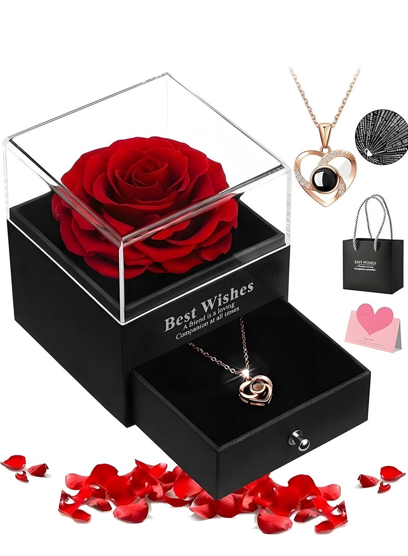 Beauenty Preserved Flowers Gift Box - Forever Red Rose with I Love You Necklace for Mom/Daughter/Girlfriend/Wife on Anniversary/Wedding/Birthday/Birthday (Red) - Image 1