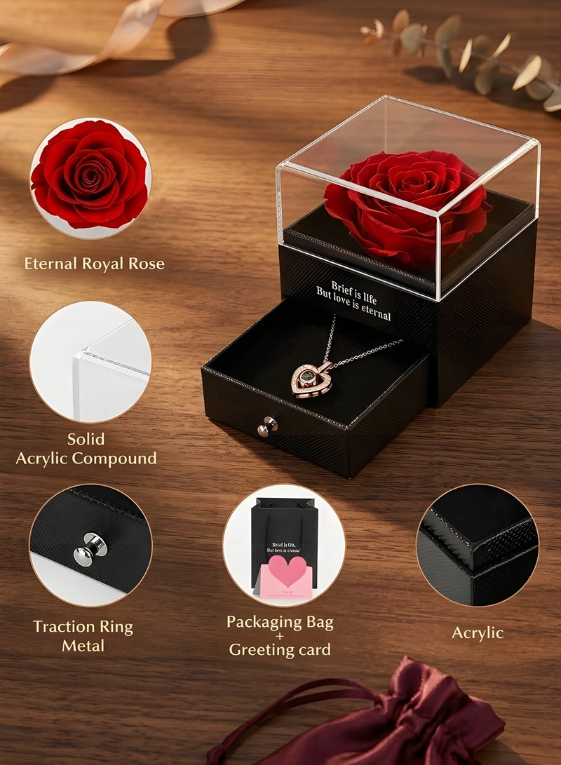 Beauenty Preserved Flowers Gift Box - Forever Red Rose with I Love You Necklace for Mom/Daughter/Girlfriend/Wife on Anniversary/Wedding/Birthday/Birthday (Red) - Image 3