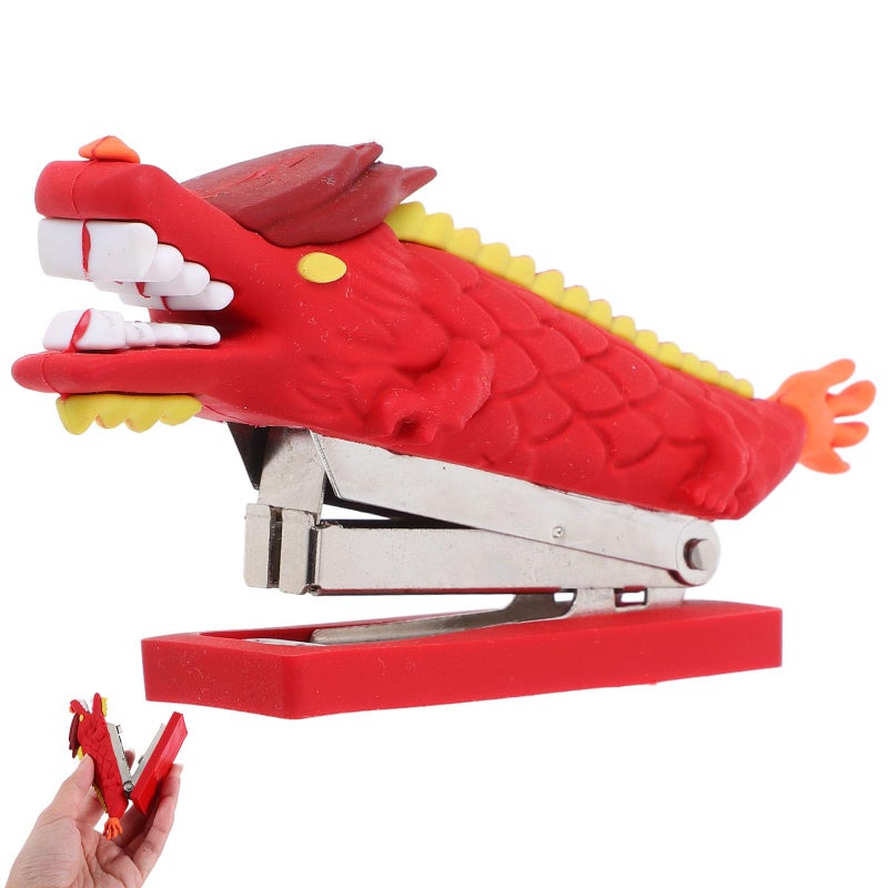 دباسة مكتبية صغيرة حمراء على شكل رأس تنين مع دبابيس للملفات الورقية المكتبية والمدرسية - Image 2