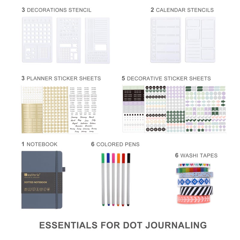 &And Per Se ⩓ Per Se Dotted Journal Kit, Dotted Journaling Supplies & Stationary Set, 176 Numbered Pages A5 Leather Hardcover Dot Notebook with Stencils Stickers Pens Accessories (Dark Blue) - Image 4