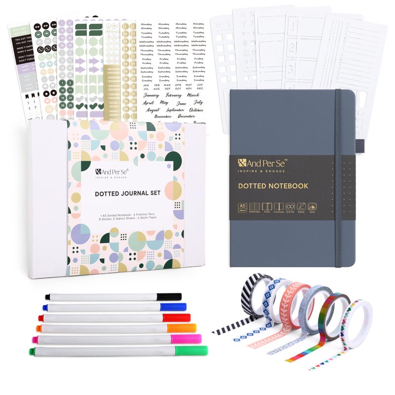 &And Per Se ⩓ Per Se Dotted Journal Kit, Dotted Journaling Supplies & Stationary Set, 176 Numbered Pages A5 Leather Hardcover Dot Notebook with Stencils Stickers Pens Accessories (Dark Blue) - Image 1