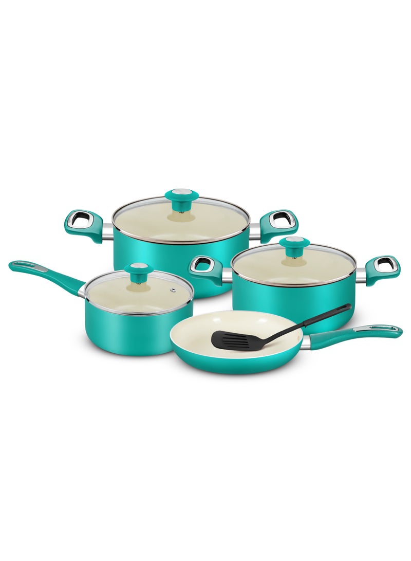 ديليتشي طقم أواني طهي ديليتشي سيراميكية غير لاصقة، 8 قطع (NCC8TG) | توزيع سريع ومتساوي للحرارة | أداء فائق مانع للالتصاق 10 مرات | سهل التنظيف | غير سام | متوافق مع الغاز والهالوجين والسيراميك والألواح الساخنة | يشمل طواجن، قدر، مقلاة، وملعقة نايلون - أخضر تركي - Image 1