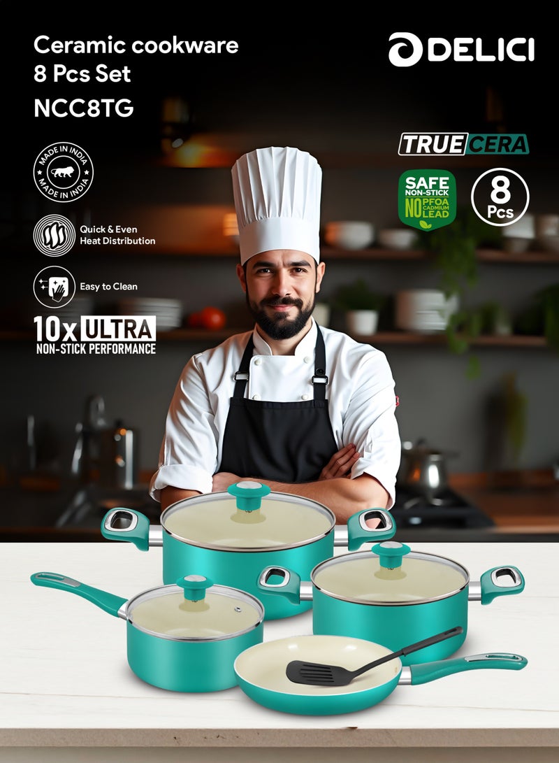 ديليتشي طقم أواني طهي ديليتشي سيراميكية غير لاصقة، 8 قطع (NCC8TG) | توزيع سريع ومتساوي للحرارة | أداء فائق مانع للالتصاق 10 مرات | سهل التنظيف | غير سام | متوافق مع الغاز والهالوجين والسيراميك والألواح الساخنة | يشمل طواجن، قدر، مقلاة، وملعقة نايلون - أخضر تركي - Image 2