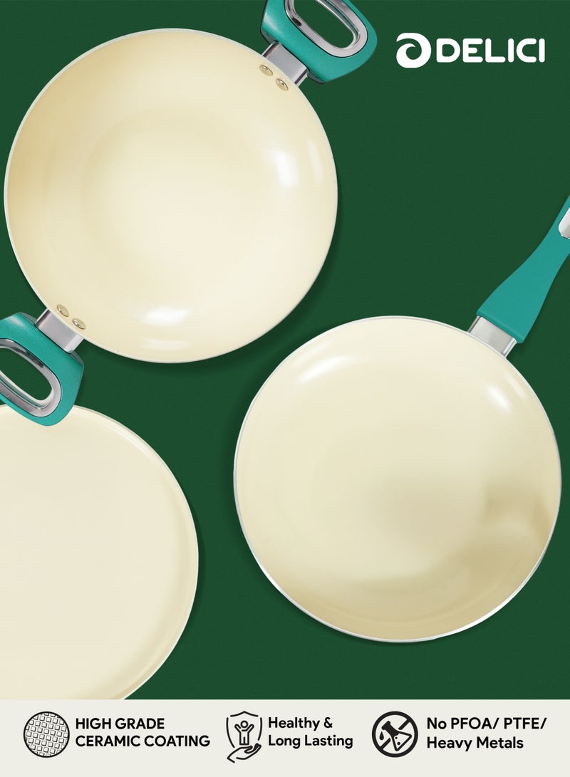 ديليتشي طقم أواني طهي ديليتشي سيراميكية غير لاصقة، 8 قطع (NCC8TG) | توزيع سريع ومتساوي للحرارة | أداء فائق مانع للالتصاق 10 مرات | سهل التنظيف | غير سام | متوافق مع الغاز والهالوجين والسيراميك والألواح الساخنة | يشمل طواجن، قدر، مقلاة، وملعقة نايلون - أخضر تركي - Image 3