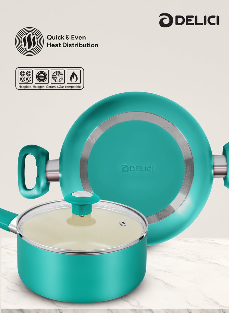 ديليتشي طقم أواني طهي ديليتشي سيراميكية غير لاصقة، 8 قطع (NCC8TG) | توزيع سريع ومتساوي للحرارة | أداء فائق مانع للالتصاق 10 مرات | سهل التنظيف | غير سام | متوافق مع الغاز والهالوجين والسيراميك والألواح الساخنة | يشمل طواجن، قدر، مقلاة، وملعقة نايلون - أخضر تركي - Image 4