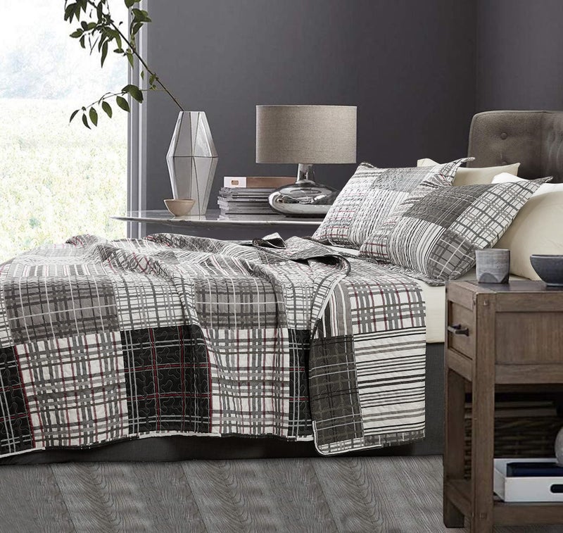 JessyHome Bedspread Set King Size Quilt Set Plaid Bed Spread Coverlet Black White Grey Plaid Patchwork Stripe Modern Quilt Bedspread Bedding Soft Lightweight Reversible Home Bedding Mens Quilts for King Bed - Image 2