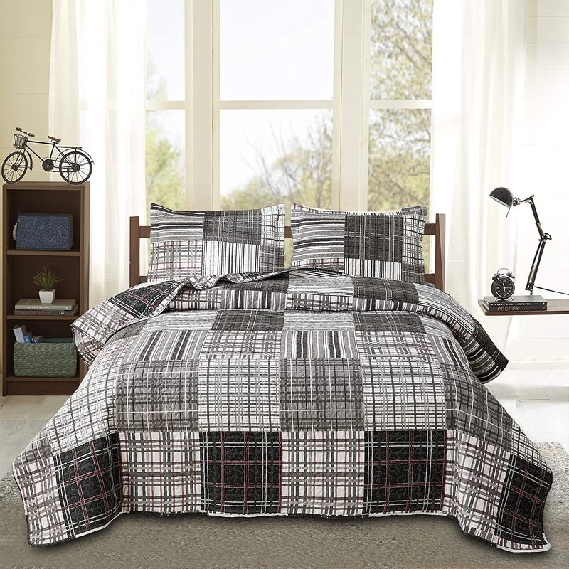 JessyHome Bedspread Set King Size Quilt Set Plaid Bed Spread Coverlet Black White Grey Plaid Patchwork Stripe Modern Quilt Bedspread Bedding Soft Lightweight Reversible Home Bedding Mens Quilts for King Bed - Image 1