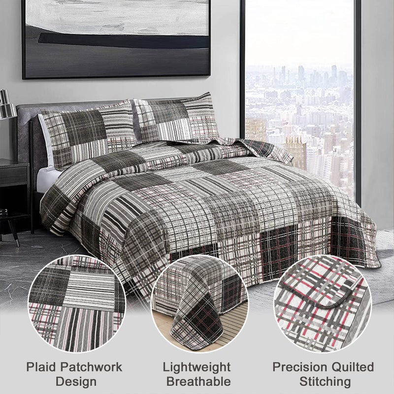 JessyHome Bedspread Set King Size Quilt Set Plaid Bed Spread Coverlet Black White Grey Plaid Patchwork Stripe Modern Quilt Bedspread Bedding Soft Lightweight Reversible Home Bedding Mens Quilts for King Bed - Image 3