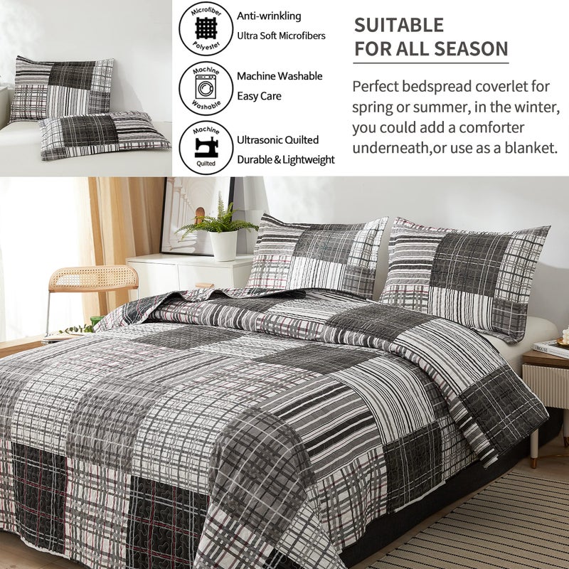 JessyHome Bedspread Set King Size Quilt Set Plaid Bed Spread Coverlet Black White Grey Plaid Patchwork Stripe Modern Quilt Bedspread Bedding Soft Lightweight Reversible Home Bedding Mens Quilts for King Bed - Image 5