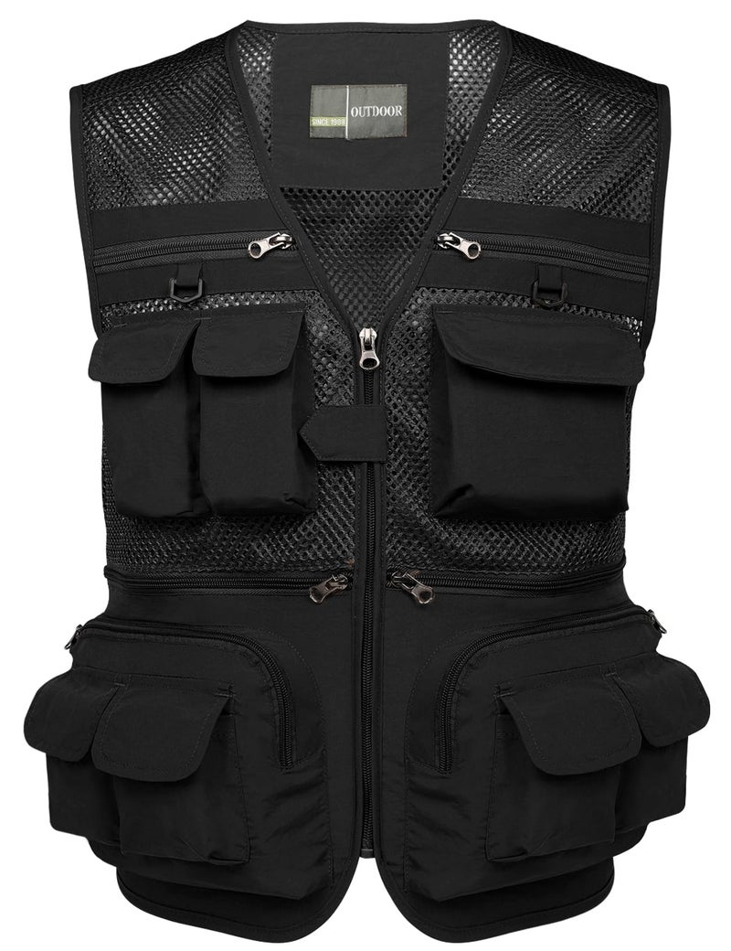 Flygo Mens Fishing Vest Utility Lightweight Outdoor Travel Safari Photo Cargo Vest with 16 pockets mesh Black L
