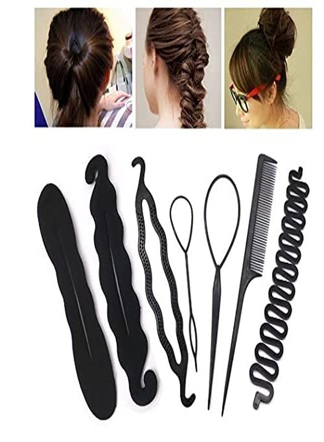 ASG Pack of 7 Items Combo Hair Styling Bun Maker Hair Tool Accessories for Girls & Women - Black - Image 2