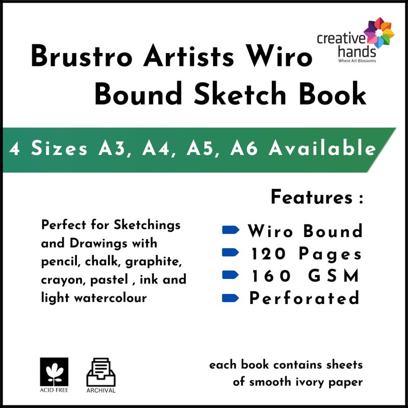 BRUSTRO دفتر رسم الفنانين ورق A6 مقاس مخيط 160 صفحة، 110 جرام، ودفتر رسم A6 مقاس حلزوني، 120 صفحة، 160 جرام (خالي من الأحماض) - Image 2