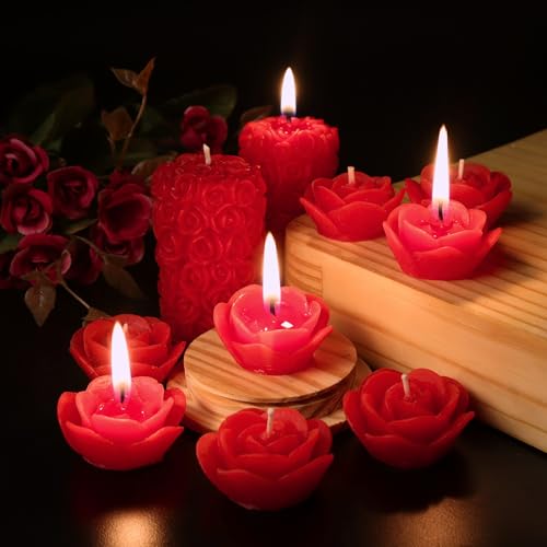 Shraddha Creation Scented Candles For Home Decor, Rose Fragrance, Pillar Shape And Floating Combo, Red Color, Pack Of 10, 4 X 7 Centimeters - Wax - Image 2