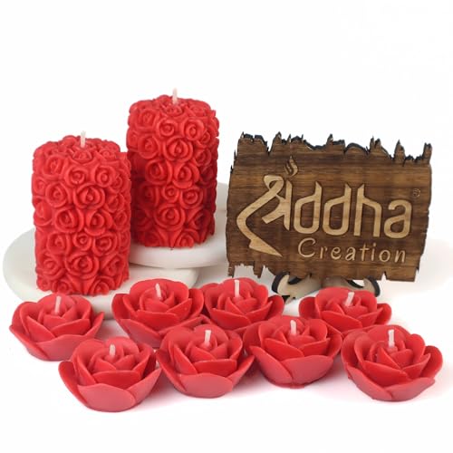 Shraddha Creation Scented Candles For Home Decor, Rose Fragrance, Pillar Shape And Floating Combo, Red Color, Pack Of 10, 4 X 7 Centimeters - Wax - Image 1