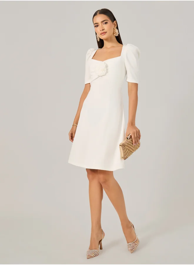 ستايلي Corsage Detail Puff Sleeves A-Line Mini Dress