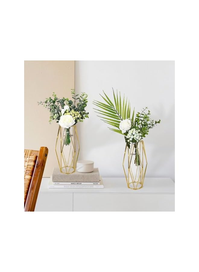 The Bros Gold Vase for Flower, 2 Pcs Cute Desk Decor Geometric Small vase, Clear Glass Test Tube Plant Propagation Station, with Metal Stand Wedding Home Living Room Decor Office Centerpiece 7.3Inch - Image 2