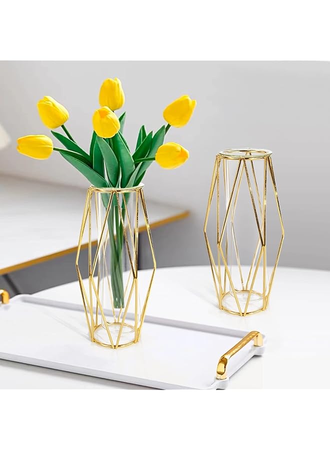 The Bros Gold Vase for Flower, 2 Pcs Cute Desk Decor Geometric Small vase, Clear Glass Test Tube Plant Propagation Station, with Metal Stand Wedding Home Living Room Decor Office Centerpiece 7.3Inch - Image 1