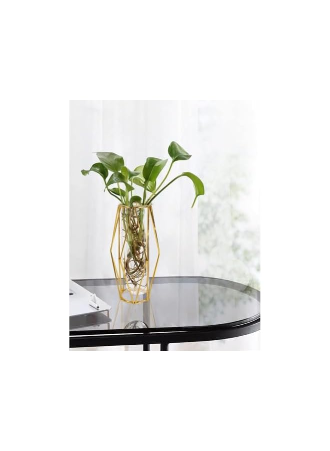 The Bros Gold Vase for Flower, 2 Pcs Cute Desk Decor Geometric Small vase, Clear Glass Test Tube Plant Propagation Station, with Metal Stand Wedding Home Living Room Decor Office Centerpiece 7.3Inch - Image 4