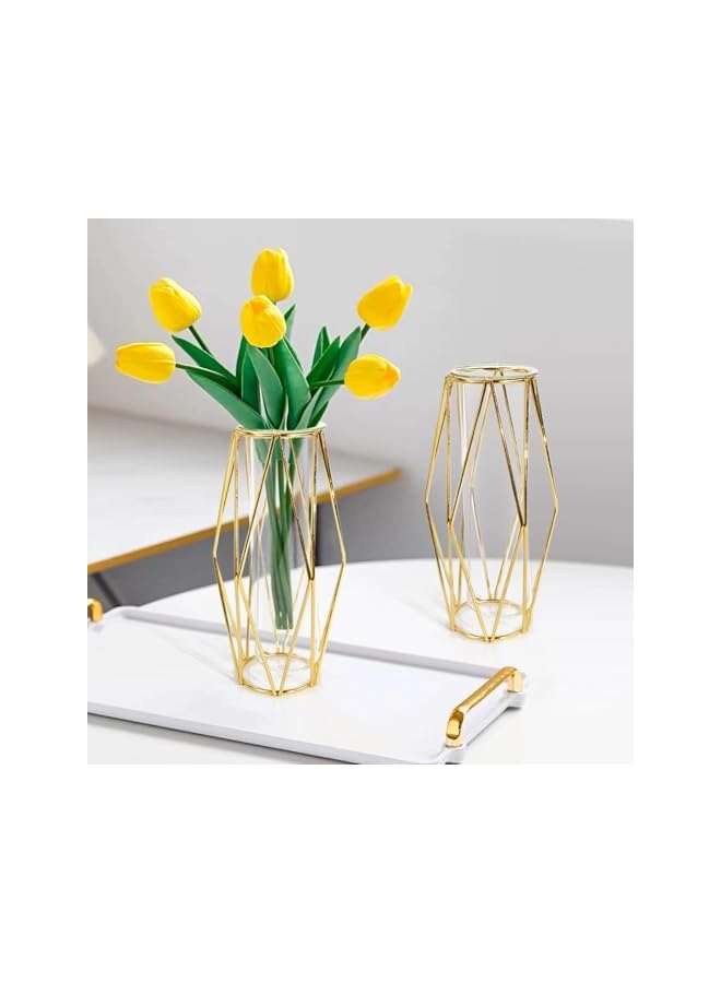 The Bros Gold Vase for Flower, 2 Pcs Cute Desk Decor Geometric Small vase, Clear Glass Test Tube Plant Propagation Station, with Metal Stand Wedding Home Living Room Decor Office Centerpiece 7.3Inch - Image 5