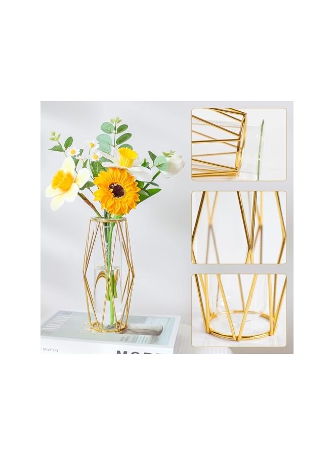 The Bros Gold Vase for Flower, 2 Pcs Cute Desk Decor Geometric Small vase, Clear Glass Test Tube Plant Propagation Station, with Metal Stand Wedding Home Living Room Decor Office Centerpiece 7.3Inch - Image 3