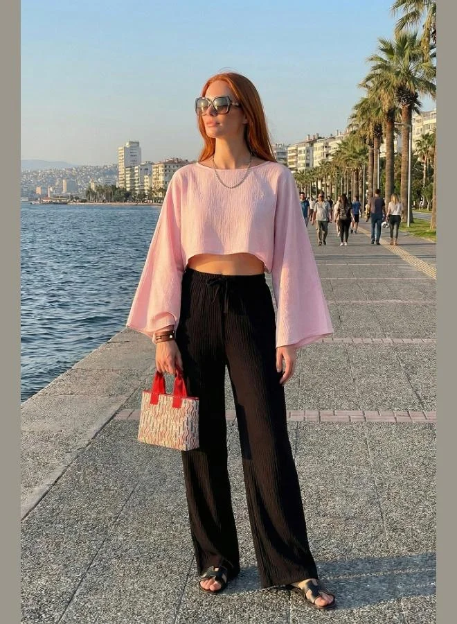 ليلا Lela Cotton Comfort Fit High Waist Wide Leg Trousers Women's Pants 668YP5540