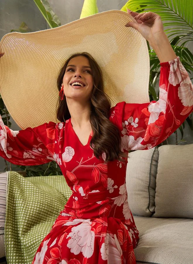 SASSAFRAS Sassafras Red Floral Print Balloon Sleeve Midi Dress