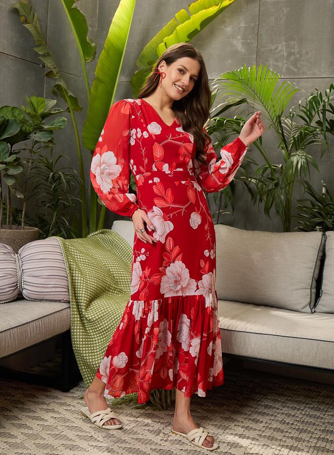 ساسافراس فستان ميدي بطبعات زهور حمراء وأكمام بالون من ساسافراس - Image 3