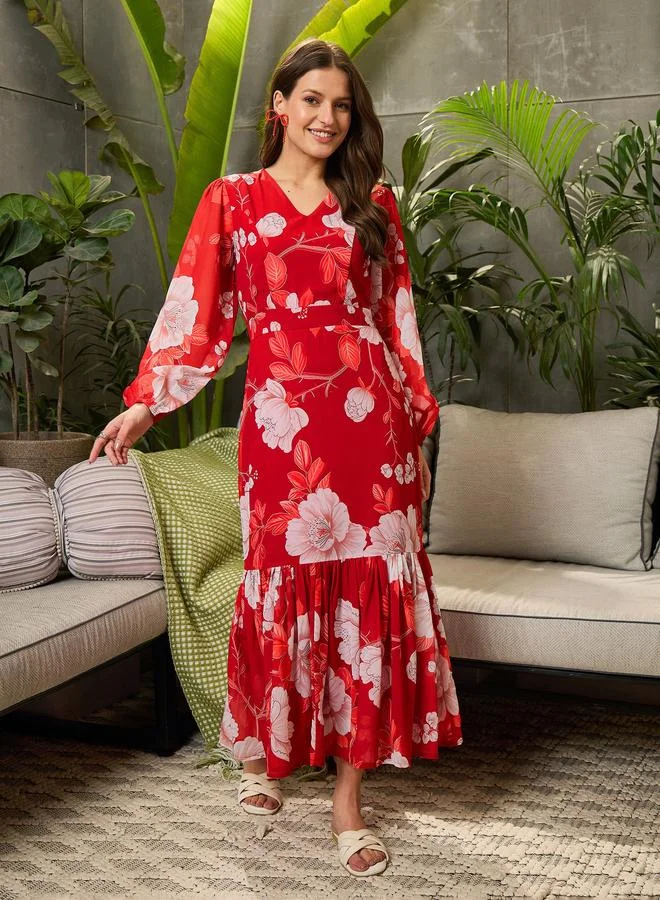 SASSAFRAS Sassafras Red Floral Print Balloon Sleeve Midi Dress