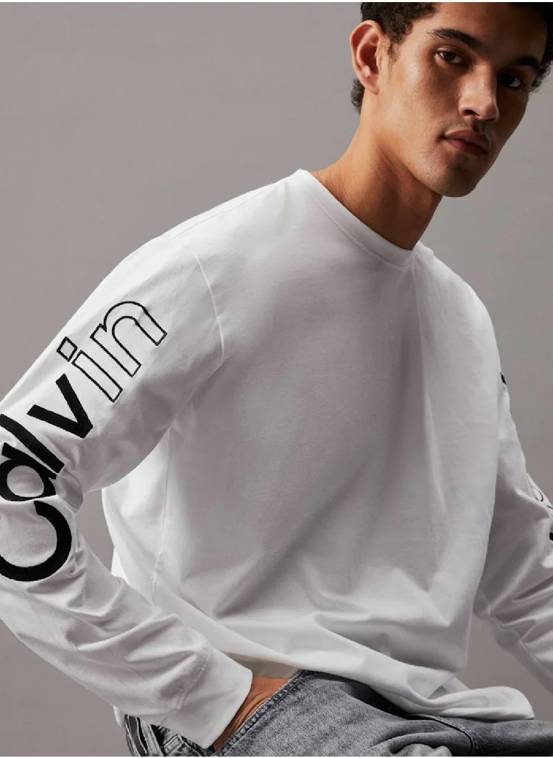 Calvin Klein Jeans Men's Graphic Logo Long Sleeve T-Shirt - Cotton, White