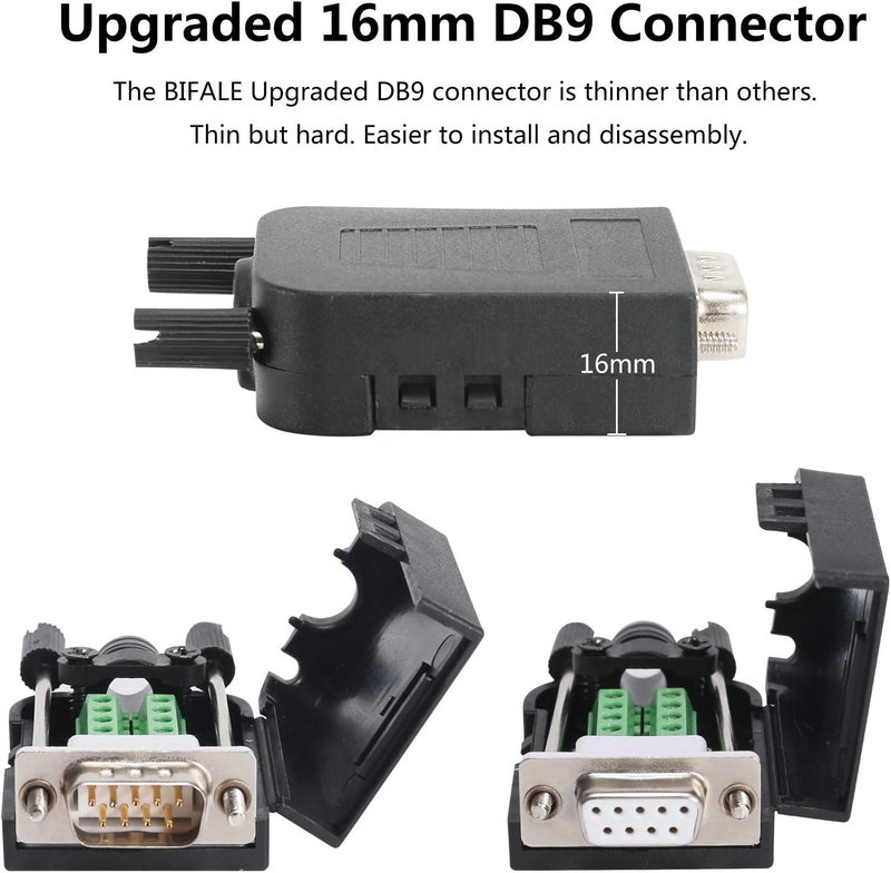 BIFALE DB9 Breakout Connector (4 Male), DB9 Solderless Connector RS232 D-SUB Serial Adapters 16mm thinner 9 Pin Port Terminal Breakout Board with Case Long Bolts Tail Pipe - Image 2