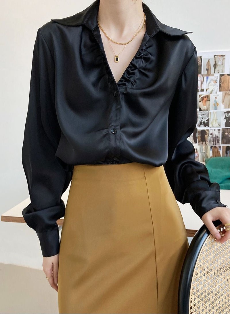 NIBEMINENT Women's shirt French Style Lazy  Loose Long Sleeve Satin Shirt Women's V-Neck Long Sleeved Top - Image 1