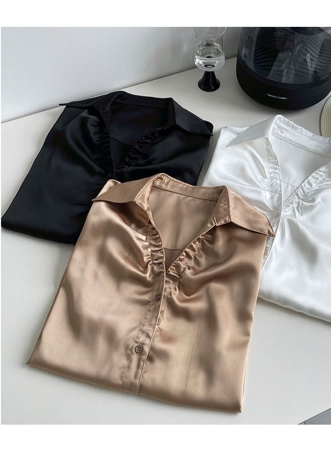 NIBEMINENT Women's shirt French Style Lazy  Loose Long Sleeve Satin Shirt Women's V-Neck Long Sleeved Top - Image 5