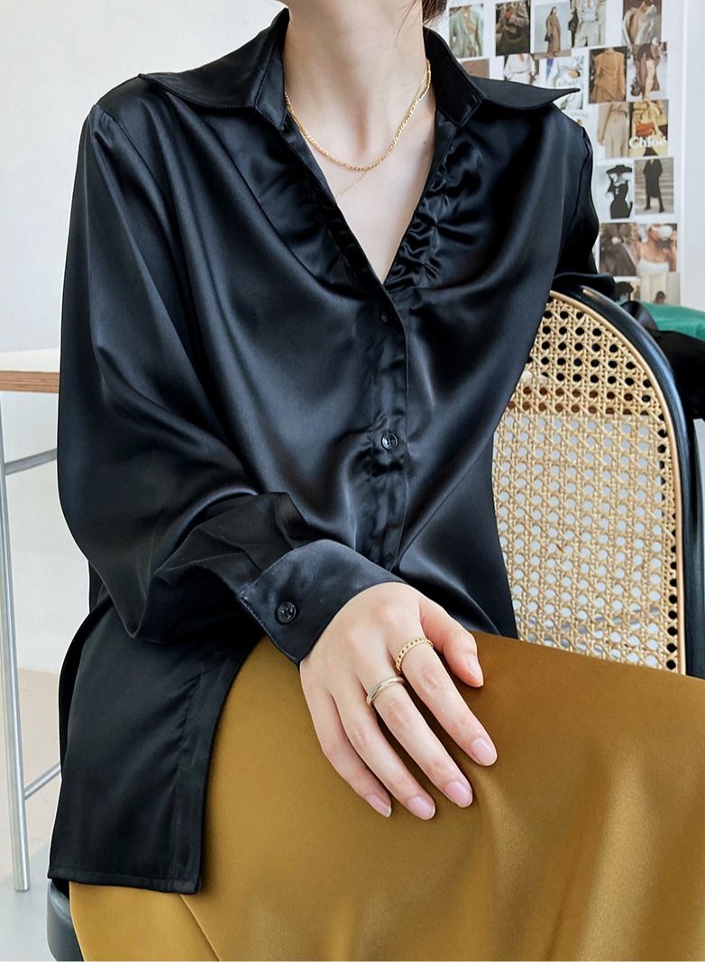 NIBEMINENT Women's shirt French Style Lazy  Loose Long Sleeve Satin Shirt Women's V-Neck Long Sleeved Top - Image 3