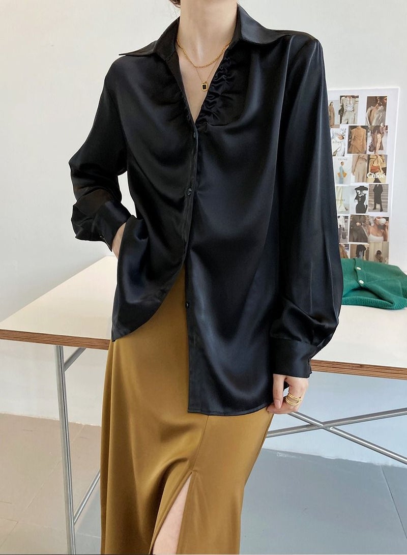 NIBEMINENT Women's shirt French Style Lazy  Loose Long Sleeve Satin Shirt Women's V-Neck Long Sleeved Top - Image 4