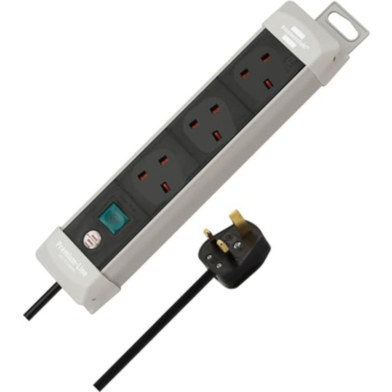 Premium-Line 3-way extension socket for home/office use, PVC cable, light grey/black, with on/off switch and BS plug - Image 2