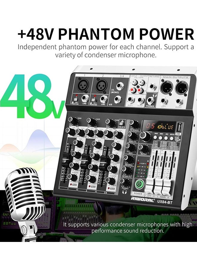 Garlo - 4 Channel Audio Interfacer DJ Mixer Sound Board 16-Bit DSP Effect USB Audio Mixer Effects +48V Phantom Bluetooth for Karaoke Studio Streaming Recording,Live Streaming - Image 1