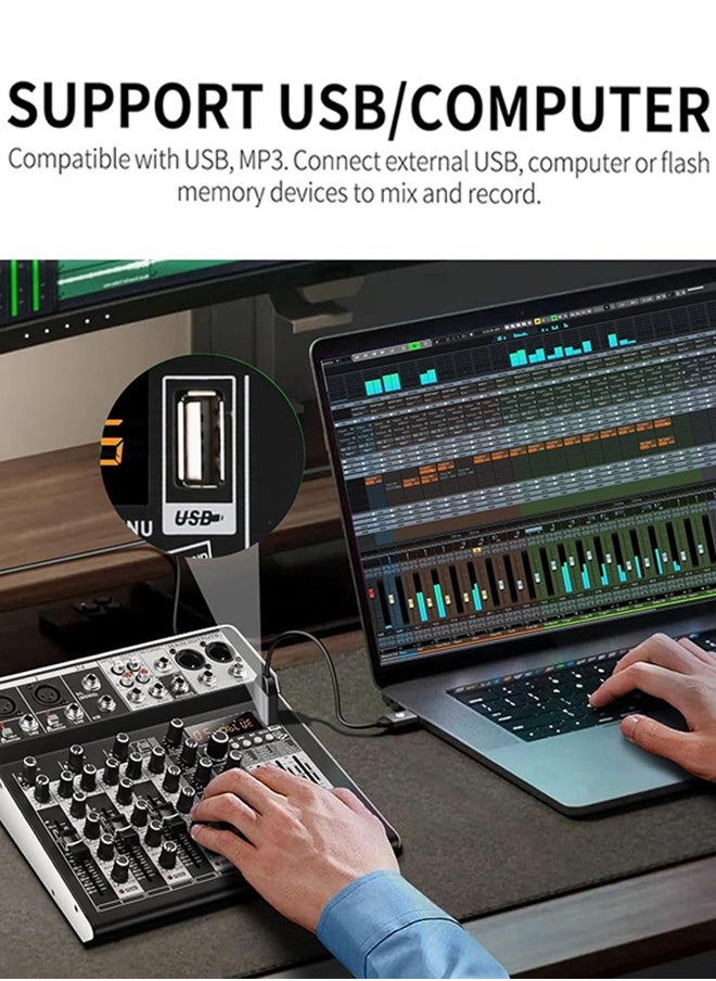 Garlo - 4 Channel Audio Interfacer DJ Mixer Sound Board 16-Bit DSP Effect USB Audio Mixer Effects +48V Phantom Bluetooth for Karaoke Studio Streaming Recording,Live Streaming - Image 1