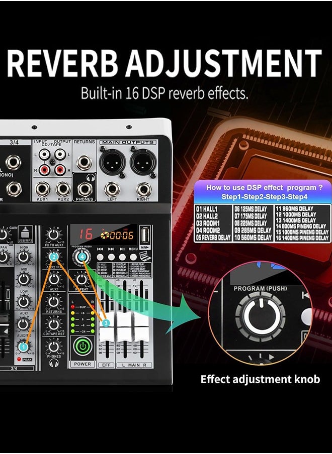 Garlo - 4 Channel Audio Interfacer DJ Mixer Sound Board 16-Bit DSP Effect USB Audio Mixer Effects +48V Phantom Bluetooth for Karaoke Studio Streaming Recording,Live Streaming - Image 1