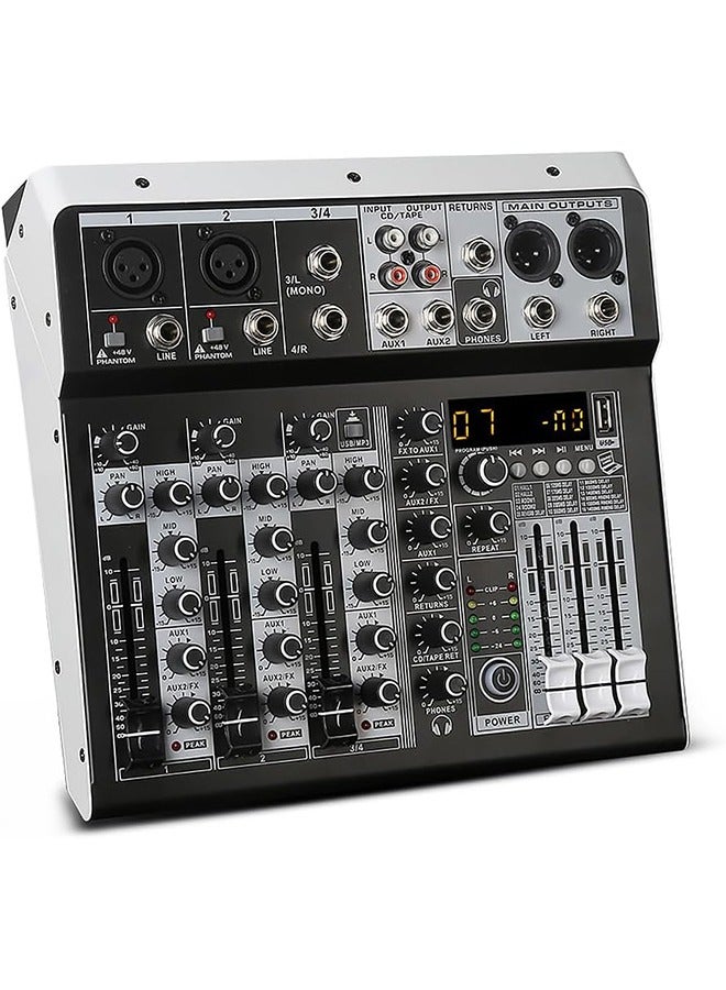 4 Channel Audio Interfacer DJ Mixer Sound Board 16-Bit DSP Effect USB Audio Mixer Effects +48V Phantom Bluetooth for Karaoke Studio Streaming Recording,Live Streaming