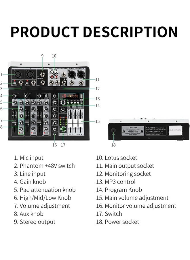 Garlo - 4 Channel Audio Interfacer DJ Mixer Sound Board 16-Bit DSP Effect USB Audio Mixer Effects +48V Phantom Bluetooth for Karaoke Studio Streaming Recording,Live Streaming - Image 1